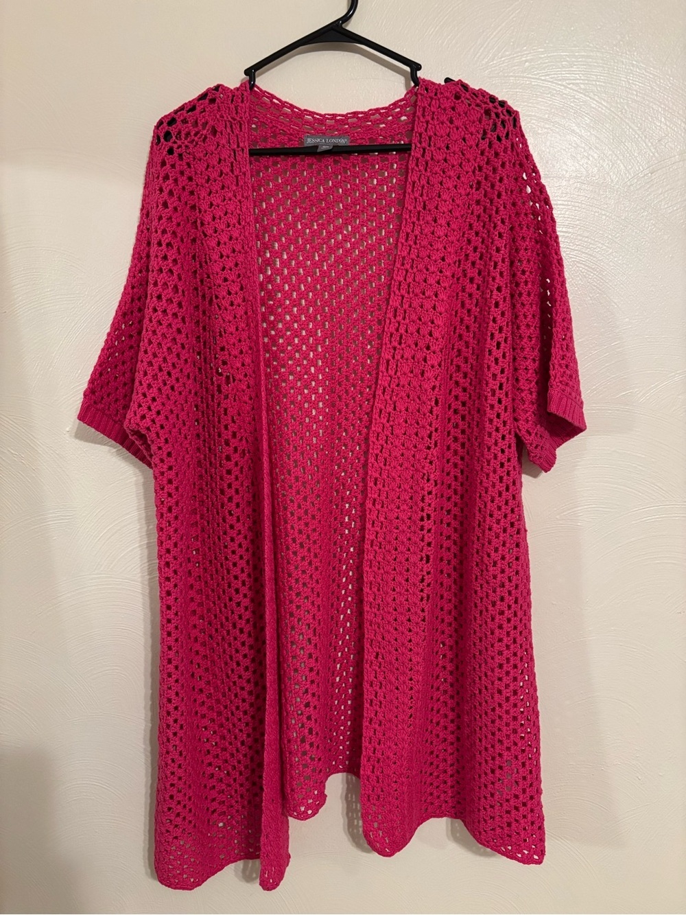 Jessica London 18/20 Pink Crochet Open Knit Long Cardigan Duster